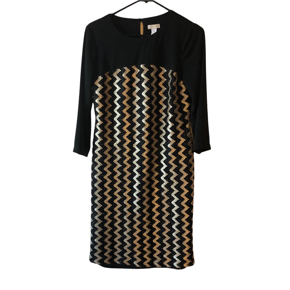 Chico’s 0 Metallic Gold and Black Zig Zag Pattern Dress